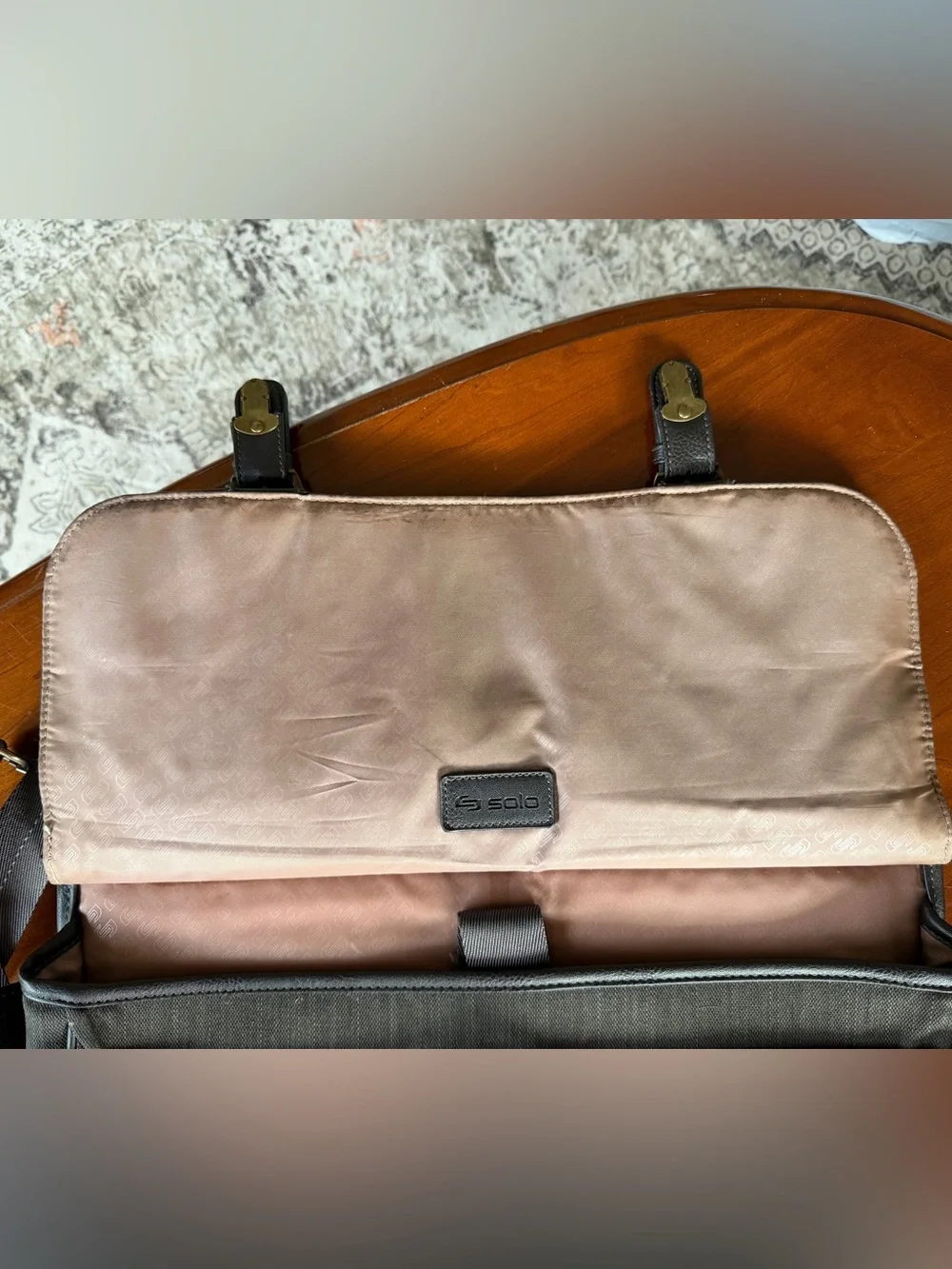 solo Brown Faux Leather Briefcase with Brass Accents